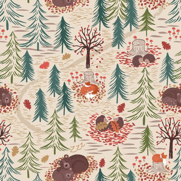 A Winter Nap - Forest Animals Winter Nap Dark Cream from Lewis and Irene Fabric