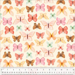 May include: A seamless pattern featuring watercolour butterflies in various shades of pink, blue, green, and orange on a cream background.