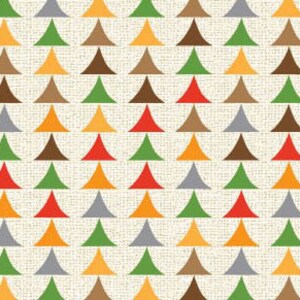May include: A repeating pattern of colorful triangles in shades of red, orange, yellow, green, brown, and gray. The triangles are arranged in a staggered pattern, creating a geometric design.
