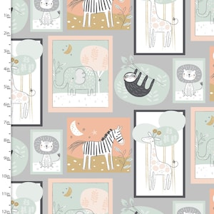 Oh My Safari FLANNEL - 3 Wishes Fabric の Safari Friends パッチ グレー