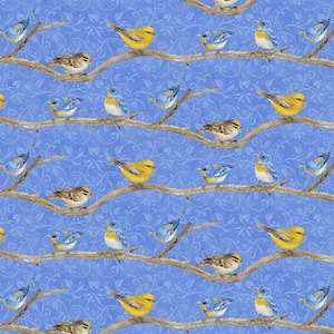 Hydrangea Birdsong - Birds on Branch Blue from Henry Glass Fabric