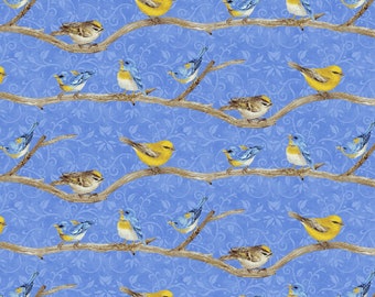 Hydrangea Birdsong - Birds on Branch Blue from Henry Glass Fabric