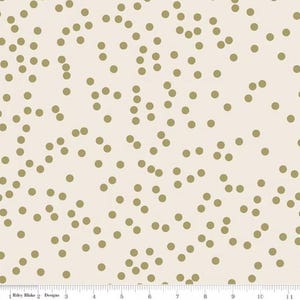 May include: White fabric with a gold confetti pattern. The fabric is a solid white background with small, evenly spaced gold circles.