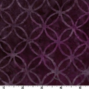 May include: Purple fabric with a repeating pattern of overlapping circles. The circles are a lighter shade of purple than the background.