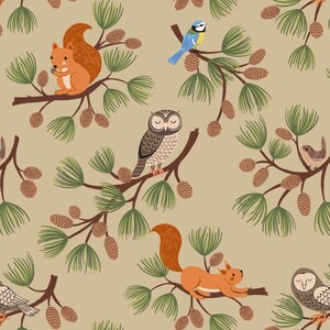 Evergreen - Pine Cone Branches Animals Beige from Lewis and Irene Fabric