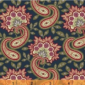May include: A fabric with a repeating paisley pattern in shades of red, cream, and green on a navy blue background. The design includes floral elements and leaf accents, creating a classic, ornate look. Ideal for quilting or apparel.