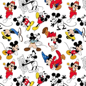 May include: A white background is covered with a repeating pattern of Mickey Mouse in various poses and outfits. Mickey is depicted in red, yellow, black, and blue, with some images in black and white. The overall theme is cartoon characters.