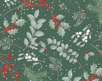 May include: A seamless pattern featuring sprigs of holly, mistletoe, and eucalyptus leaves on a dark green background. The pattern is accented with red berries and white berries, and small white dots that resemble snow.