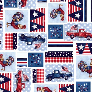 Könnte beinhalten: Ein nahtloses Muster mit rot-weiß-blauen Elementen im amerikanischen Stil. Das Muster enthält Hähne, Pickups, Feuerwerk, Sterne und Gingham-Karomuster.