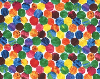 Puede incluir: Una tela colorida con un patrón repetitivo de círculos multicolores. Los círculos son de varios tonos de rojo, naranja, amarillo, verde, azul, morado y marrón.