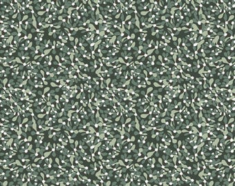 May include: A repeating pattern of green leaves and white berries on a dark green background. The leaves are in various shades of green, and the berries are small and round. This design is suitable for fabric or wallpaper.