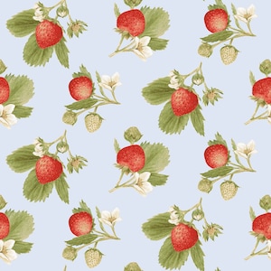 Strawberry Garden - Tossed Strawberry Sprigs Blue by Jane Shasky from Henry Glass Fabric