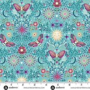 Luna - Night Garden Moth Teal from Makower UK  Fabric