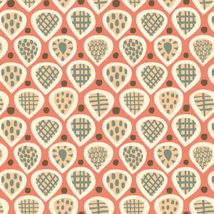 Może przedstawiać: Wzór bez szwów z powtarzającym się motywem w kształcie łez z różnymi wzorami wewnątrz, w tym kropkami, liniami i kratkami. Kształty łez są obwiedzione na biało i umieszczone na jednolitym koralowym tle.