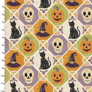 May include: Halloween fabric featuring a repeating pattern of black cats, pumpkins, witch hats, and sugar skulls. The design uses a diamond grid with orange, green, purple, and cream squares. The illustrations have detailed designs and a vintage style.