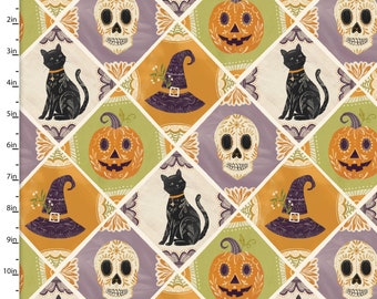 May include: Halloween-themed fabric with a repeating pattern of black cats, jack-o'-lanterns, witch hats, and sugar skulls. The design features a diamond grid with orange, green, purple, and cream-colored squares. The illustrations have intricate details and a vintage aesthetic.