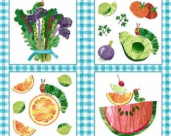 May include: A colourful illustration of a caterpillar eating its way through a variety of fruits and vegetables. The caterpillar is green with red spots and a small, red face. The fruits and vegetables include strawberries, a basket of fruit, broccoli, an avocado, oranges, a watermelon, and radishes.