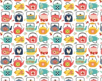 May include: A seamless pattern featuring colourful teapots with various floral and geometric designs. The teapots are arranged in rows on a white background.