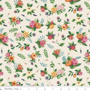 May include: A seamless fabric pattern featuring a repeating design of colorful floral bouquets on a cream background. The bouquets are made up of pink, red, orange, yellow, and white flowers with green leaves.