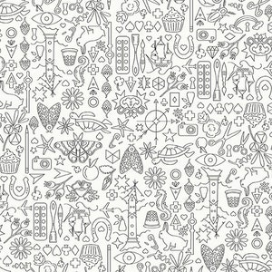 May include: A black and white line drawing pattern featuring various symbols and objects, including a butterfly, a camera, a cupcake, a horseshoe, a compass, a key, a thimble, a turtle, a strawberry, a flower, a heart, a star, a sailboat, a paintbrush, a scissors, and an eye.