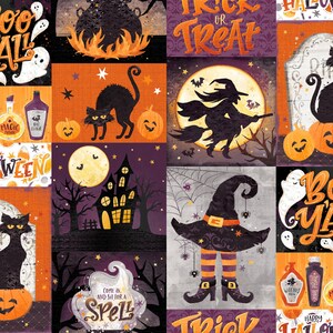 May include: A colourful patchwork design featuring Halloween-themed illustrations. The design includes a witch flying on a broomstick, a black cat, a haunted house, a cauldron, and the text "Trick or Treat".