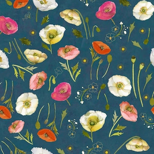 Sueños de amapola - Amapolas tostadas en azul oscuro de Sue Zipkin de Clothworks Fabric