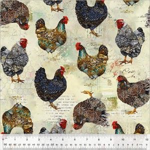 May include: A seamless pattern featuring a variety of colorful chickens with different feather patterns and colors on a white background with vintage text and a ruler.