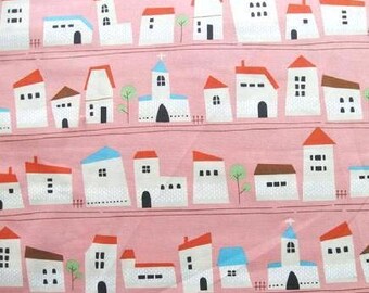 Printed Whimsy - Houses Pink - Oxford Medium Weight Cotton from Kokka Fabrics