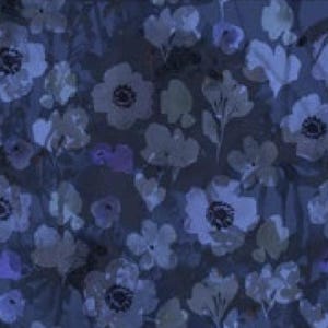 May include: A dark blue floral pattern featuring white and light blue flowers with dark centers. The design has a watercolor effect, with soft edges and a slightly blurred appearance. The flowers are scattered across the surface.