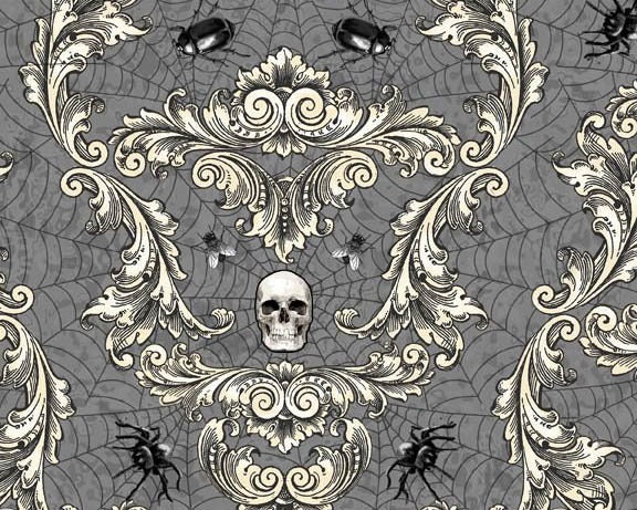 Gone Batty - Creepy Crawley Damask Dark Gray from Wilmington Fabric