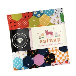 Può includere: Un pacco di quadrati di tessuto da 12,7 cm, con vari motivi colorati come cuori rossi, pois bianchi e disegni floreali. La confezione è etichettata "catnap" con un gatto rosa e "Ruby Star Society."