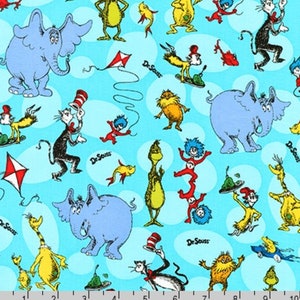 Celebrate Seuss - Characters Aqua by Dr. Seuss from Robert Kaufman Fabric