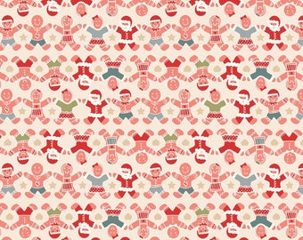 May include: A seamless pattern featuring gingerbread people in various colors and poses. The background is a light cream color with a subtle texture. The gingerbread people are wearing red, green, blue, and white icing.