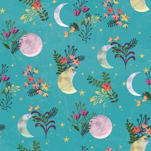 Moonlight - Floral Moon Metallic Turquoise by Jennifer Ellory from 3 Wishes Fabric