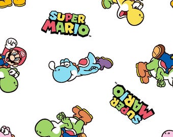Peut inclure: Un fond blanc avec un motif répété de personnages Super Mario. Les personnages incluent Mario, Luigi, Yoshi et Bowser. Le texte "Super Mario" est également répété dans tout le motif.