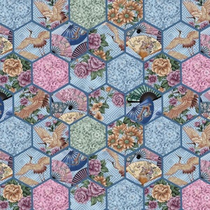 May include: A seamless pattern featuring hexagonal tiles with a variety of designs. Each tile features a different combination of floral patterns, cranes, and fans in shades of blue, green, pink, and brown.