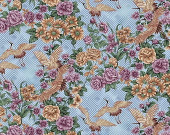 Puede incluir: Un patrón sin costuras que presenta un diseño repetitivo de grullas y flores. Las grullas se representan en vuelo, con las alas extendidas. Las flores son una mezcla de rosa, naranja y amarillo, y están dispuestas en racimos. El fondo es de color azul claro.