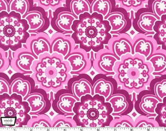 May include: Pink and white floral fabric with a repeating pattern of stylised flowers. The fabric has a textured surface.