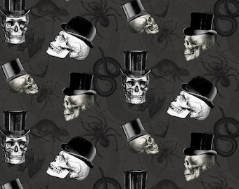 Wicked Skulls Top Hats Charcoal from Timeless Treasures Fabric