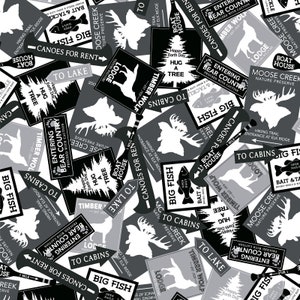 Great Outdoors - Cabin Signs Black White from Kanvas Studio Fabric