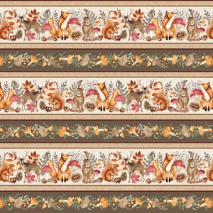 Abrigos de piel y follaje: Woodland Stripe Cream Multi de Beth Reed de Studio E Fabrics