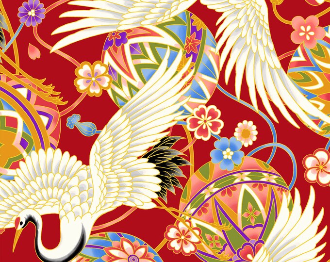 Traditional Japanese Style DOBBY - Cranes Ball Ribbons Red From Cosmo ...