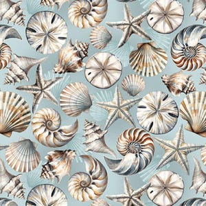 Coastal Escape - Kustnäckor Blå av Nicole Decamp från Benartex Fabrics