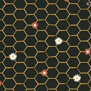 May include: A black background with a pattern of gold honeycomb shapes. Scattered throughout the pattern are small red and white flowers.