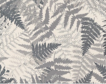 May include: White fabric with a repeating pattern of gray fern leaves. The fabric has a subtle texture and a slightly distressed look. The fabric is marked with "moda" and a website address.