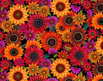For The Love of Sunflowers - Packed Sunflowers Black by Peggy Davis from Elizabeth’s Studio Fabric