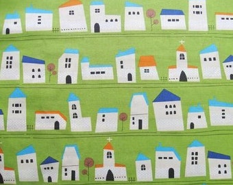 Printed Whimsy - Houses Green - Oxford Medium Weight Cotton from Kokka Fabrics
