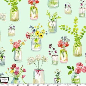 Picnic by the Lake - Life is Sweet Flower Jars Green from Michael Miller Fabric