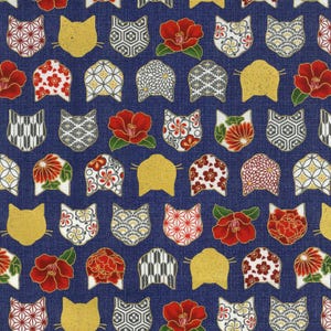 Hyakka Ryokan - Hana and Neko Cat Floral Blue from Quilt Gate Fabric