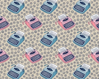 May include: A seamless pattern featuring vintage typewriters with paper in them, surrounded by a background of small circles with letters inside.